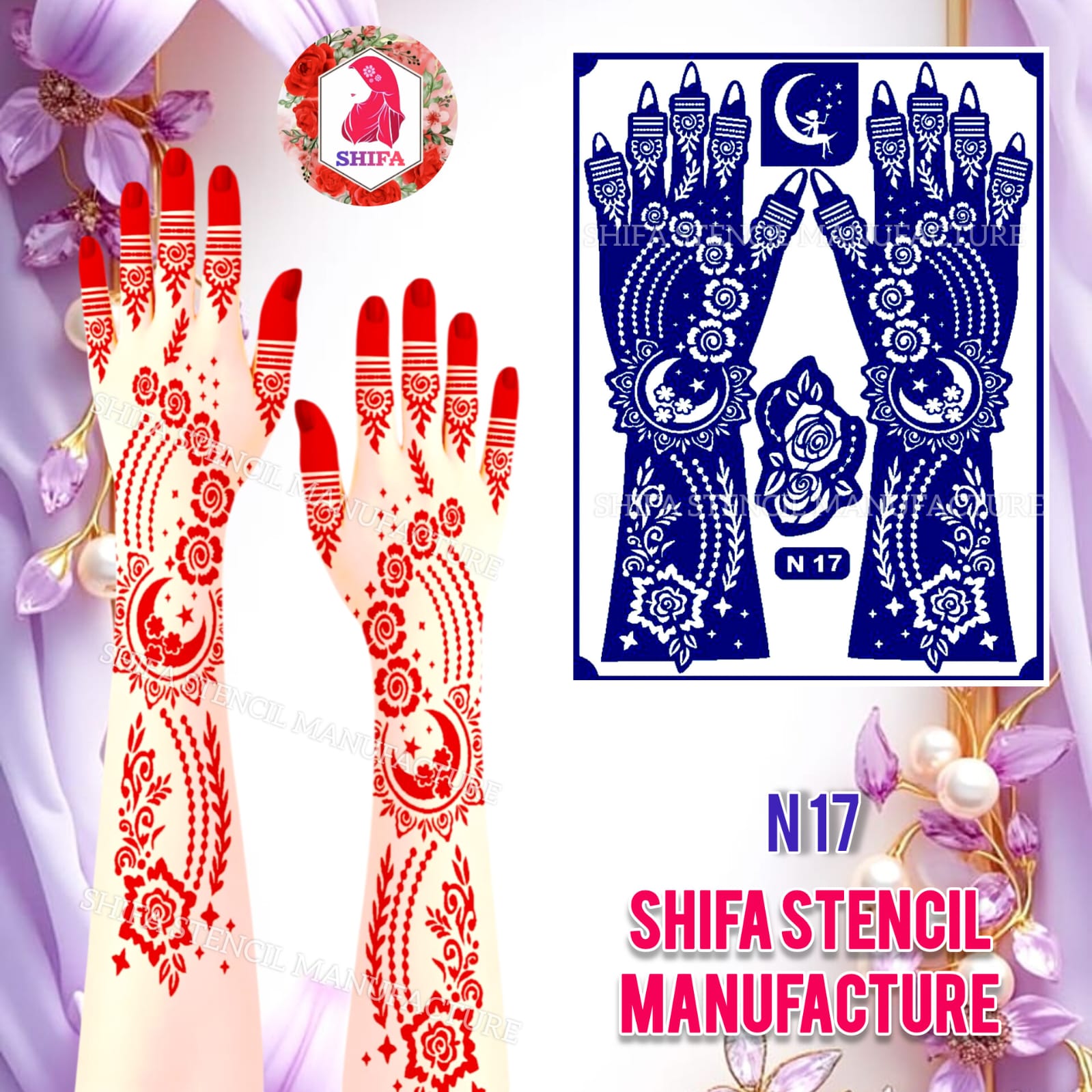 N 17 Moon Stars Floral Elegance Sticker Overview Henna Stencil - Shifa Stencil